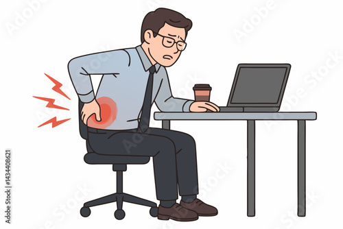 Vector illustration of an office worker feeling back pain, holding his aching lower back while seated at a desk with a laptop, representing workplace discomfort and health issues.
