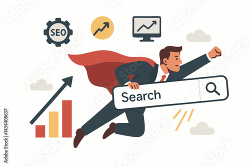 SEO Superhero Concept: Businessman in suit and cape flies holding search bar. Vector graphic representing search engine optimization, digital marketing, web traffic growth, and business success.