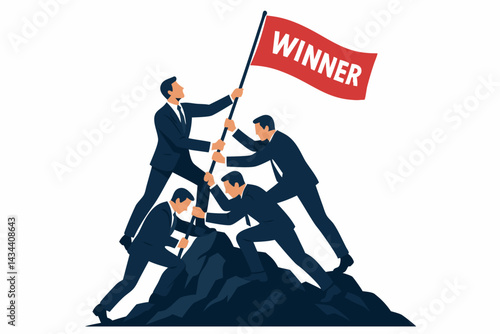 Collaborative business team triumphantly planting a red winner flag on a mountain summit, symbolizing corporate success, achievement, partnership, and leadership goals vector art.