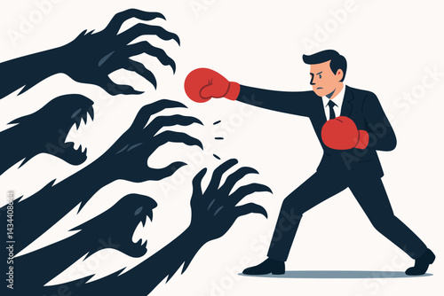 Determined businessman in suit and boxing gloves punches dark monster shadows, symbolizing fighting fear, overcoming business adversity, and achieving success through courage vector.