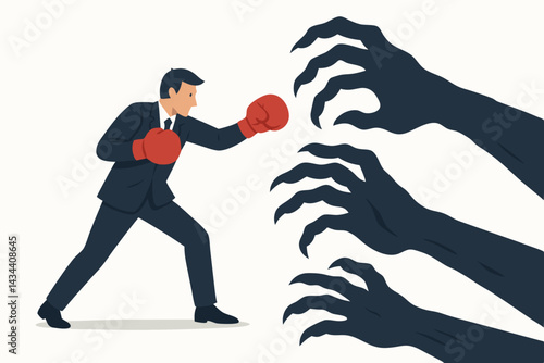 Determined businessman in suit and red boxing gloves bravely battles menacing shadow hands, symbolizing overcoming business obstacles, fear, competition, and adversity. Flat vector concept.