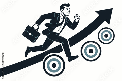 Vector illustration of a motivated businessman running up an ascending arrow, representing career progression, achieving business targets, and aiming for success and growth.