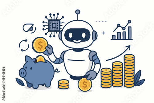 Fintech concept vector illustration: AI Robot Advisor managing finances, putting coins in piggy bank for savings, analyzing growth charts for smart investments & automation.