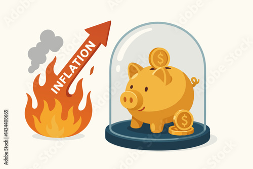 Piggy bank protected under glass dome from burning inflation arrow concept vector. Secure savings, investment shield against economic crisis and rising prices financial illustration.
