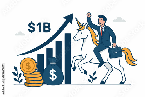 Achieving unicorn status: Successful businessman riding a unicorn celebrates $1B valuation milestone with upward financial graph, money coins and bag vector graphic.