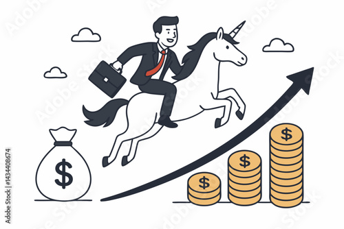Minimalist vector illustration of businessman riding unicorn up a growth arrow graph with coins. Symbolizes startup unicorn success, financial investment growth, business achievement, and profit.