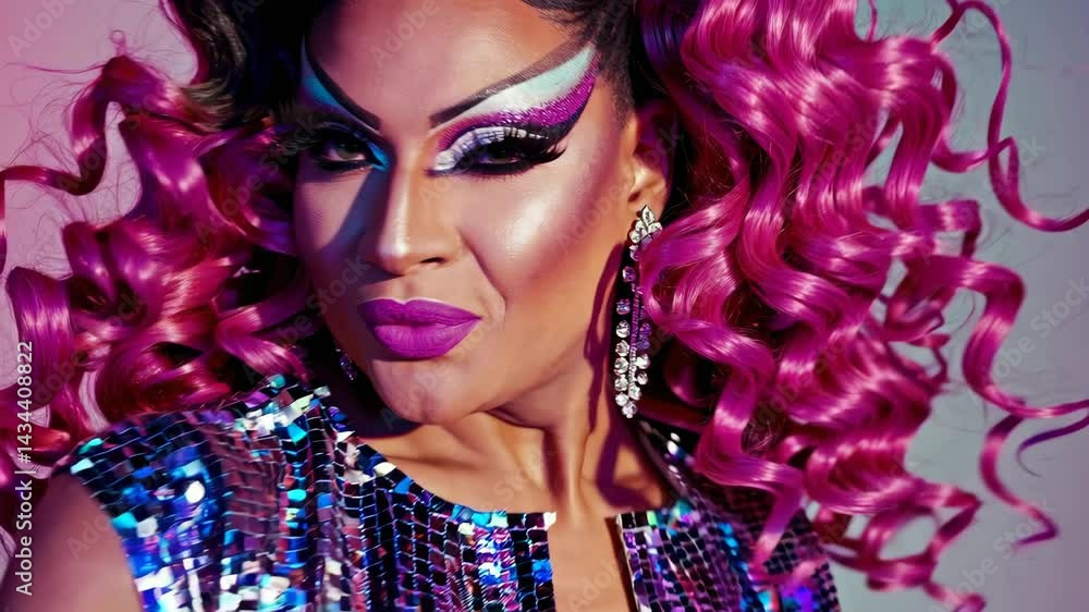 Vibrant drag queen glamour with sparkling makeup and pink curls Vibrant drag queen glamour with sparkling makeup and pink curls