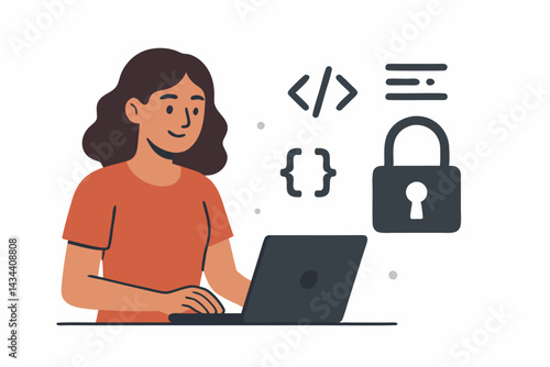 Female programmer coding securely on laptop, vector illustration for software development, web security, and open source projects. Woman developer working with code and padlock icons.