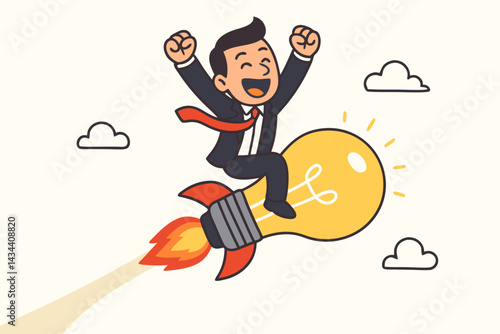 Businessman riding a rocket lightbulb, symbolizing innovation, startup launch, creative ideas, and business success. Vector illustration for growth and progress concepts.