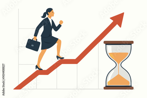 Ambitious businesswoman with briefcase climbs a red upward arrow graph, signifying financial investment growth, career advancement, and achieving goals against time shown by hourglass.