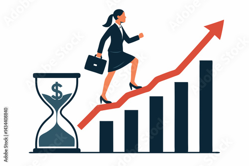 Ambitious businesswoman with briefcase ascends rising bar graph arrow, symbolizing financial investment growth, profit returns, and career success over time next to hourglass vector.