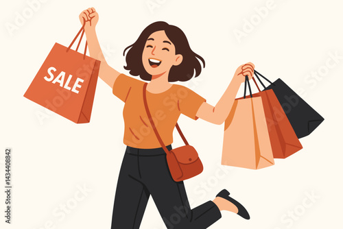 Excited female shopper jumping for joy with multiple shopping bags, celebrating big savings during a sale event. Happy customer enjoying retail therapy. Flat vector design.