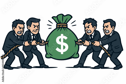 Business Tug-of-War vector illustration shows two teams of corporate professionals in suits pulling rope attached to a large green money bag, symbolizing financial competition and market struggle.