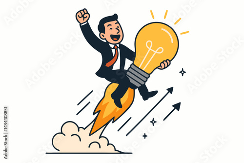Cheerful businessman character launching upward on an idea lightbulb rocket, representing innovation, creativity, startup success, achieving goals, and rapid business growth. Vector graphic.