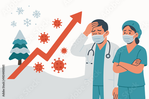 Winter COVID-19 pandemic surge stresses hospital staff. Vector illustration showing tired doctor and nurse, increasing infection rate graph, virus icons, and snowy background.