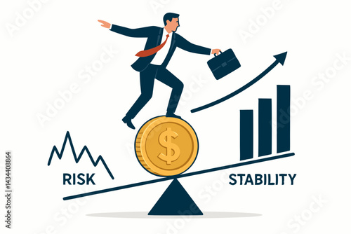 Businessman skillfully balancing on a large gold coin atop a seesaw, navigating the delicate equilibrium between financial investment risk and stable profit growth opportunity.