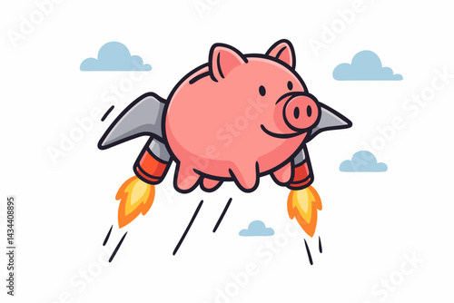 Flying piggy bank with rocket boosters symbolizing fast financial growth, investment acceleration, and rapid savings increase. Cartoon vector illustration for business concepts.
