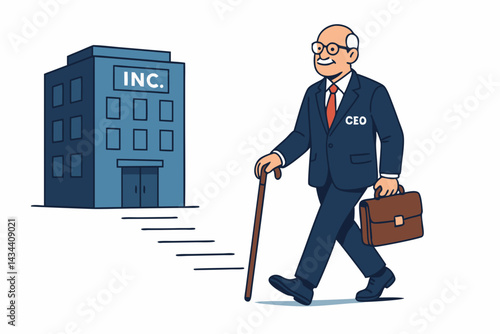 Happy senior businessman CEO leaving his corporate job, walking away from the office building into retirement, carrying a briefcase and using a walking stick.