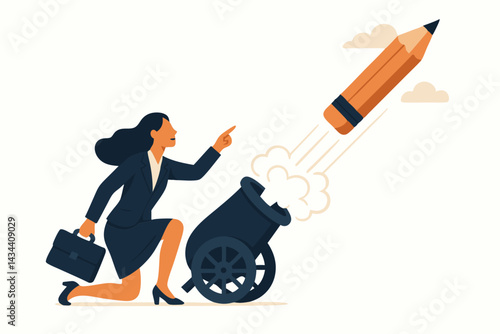 Businesswoman launching a giant pencil rocket from a cannon, symbolizing powerful ideas, creativity boost, strategic communication, and launching innovation concepts vector.