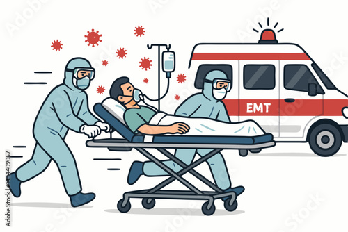 Urgent medical response vector illustration: EMTs in protective hazmat suits quickly move patient with oxygen mask on stretcher to ambulance during infectious virus pandemic.