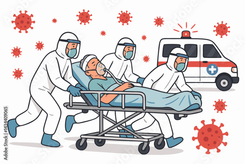 Paramedics wearing full PPE transport patient on gurney to ambulance amidst floating virus cells. Urgent medical response vector illustration for COVID-19 or epidemic themes.