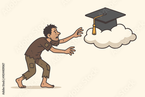 Aspiration Amidst Poverty Vector Cartoon: Ragged, Impoverished Man Reaching for Graduation Cap on Cloud, Symbolizing Hope, Educational Inequality, and the Dream of Learning.