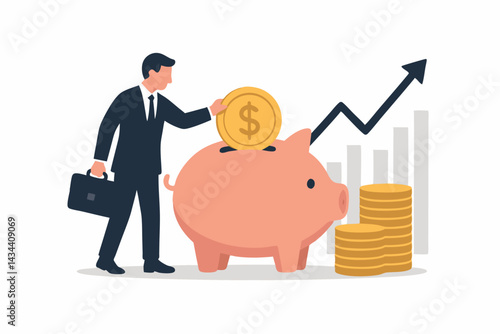 Businessman Saving for Future Wealth: Vector Illustration of Man Investing Dollar Coin in Piggy Bank, Financial Planning, Money Growth, Investment Strategy Concept.