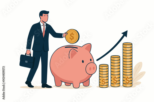 Investment and Savings Strategy Vector: Businessman putting money into a piggy bank next to growing coin stacks representing financial planning, wealth management, and future prosperity.