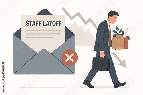Dejected male employee carrying box of belongings and briefcase after being fired, staff layoff notification envelope and downward trend graph symbolize unemployment crisis.