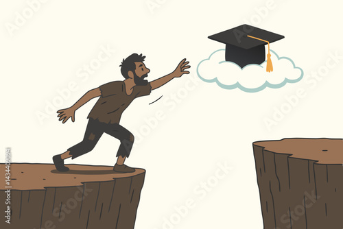 Bridging the gap to education: Impoverished man chases academic dream, reaching for graduation mortarboard across a chasm, representing hardship, social inequality, and aspiration.