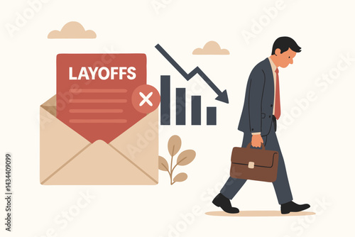 Businessman facing layoff walks sadly with briefcase after receiving termination letter, illustrating job loss, unemployment, economic decline, and corporate downsizing vector concept.