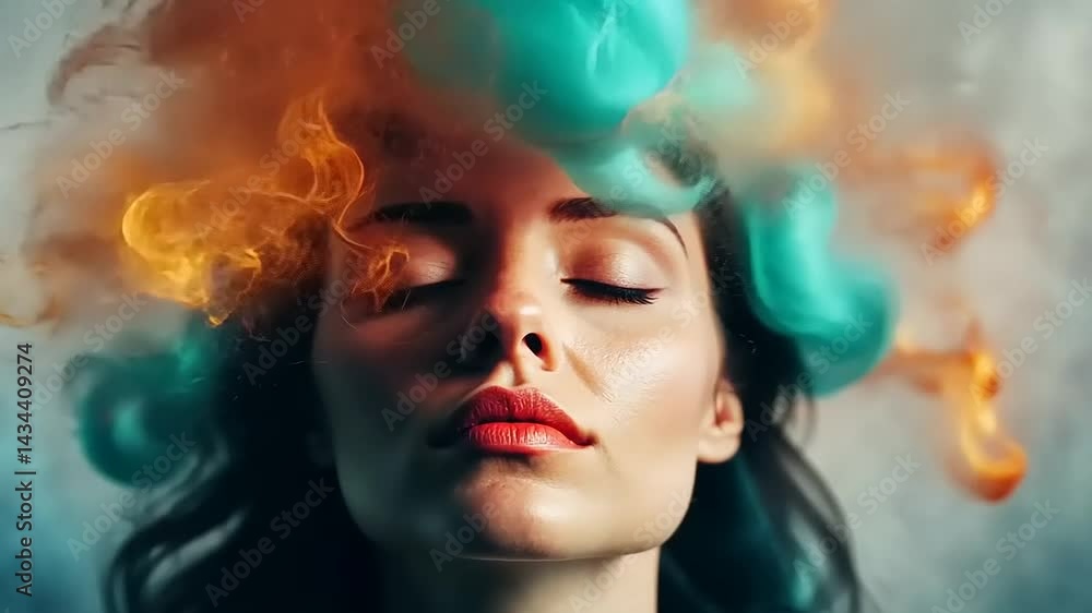 Contemplative woman with a burst of artistic expression manifesting from her mind Contemplative woman with a burst of artistic expression manifesting from her mind