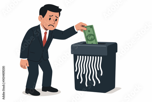 Sad businessman shreds dollar bill symbolizing bad investment, financial loss, money waste, and poor decisions. Metaphor for economic crisis, bankruptcy, and throwing away cash.