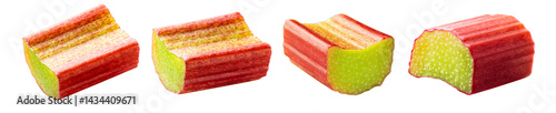 Set of cut rhubarb stem pieces, isolated on white background.
