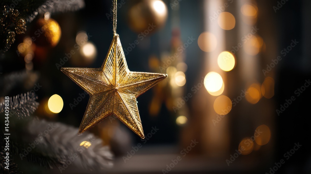 Close-up of a star-shaped Christmas decoration on a dark background with blurred lights and decorations Close-up of a star-shaped Christmas decoration on a dark background with blurred lights and decorations