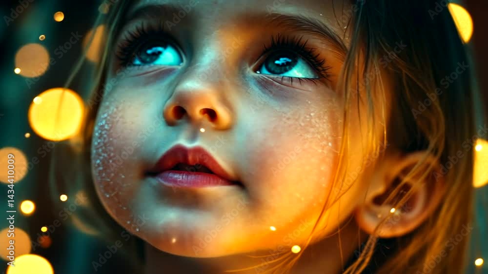 Enchanting portrait of a child gazing upward, sparkles Enchanting portrait of a child gazing upward, sparkles