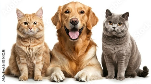 Happy pets, golden retriever, cat, and british shorthair.  Friendly animals together