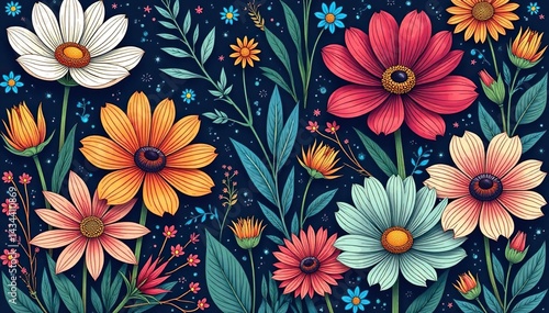 Wallpaper Mural Intricate line art wildflowers, seamless tile , floral texture, print, seamless pattern Torontodigital.ca