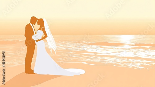 Romantic silhouette of a bride and groom kissing on a beach at sunset.