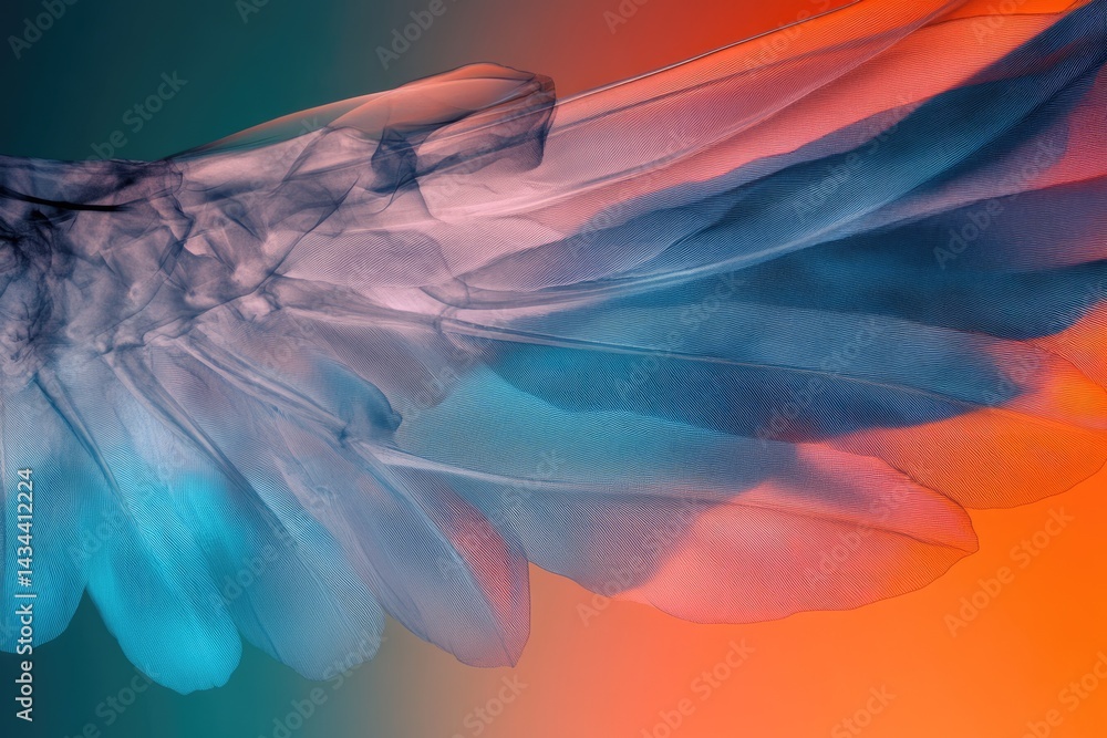 Fototapeta premium Abstract art depicting a bird's wing with vibrant, translucent feathers in teal, orange and pink hues.