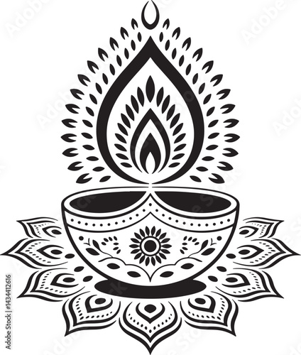 Intricate Diwali Diya Illustration With Floral Patterns And Ornate Details