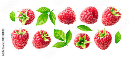 Raspberry isolated on white background. Set of fresh raspberries and leaves.