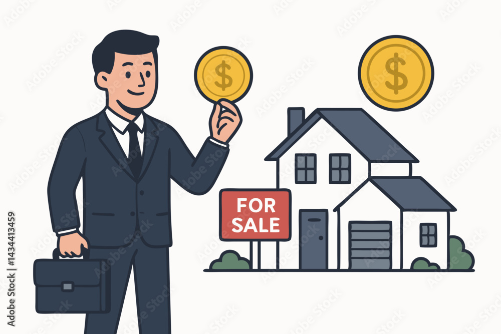Smiling businessman or realtor celebrating profitable real estate investment, holding dollar coin next to house with 'For Sale' sign, illustrating property market success and financial gains vector. Smiling businessman or realtor celebrating profitable real estate investment, holding dollar coin next to house with 'For Sale' sign, illustrating property market success and financial gains vector.