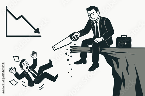Conceptual vector art showing a businessman engaged in self-sabotage, sawing the plank he sits on over a cliff, causing failure and a colleague's downfall with a decline chart.