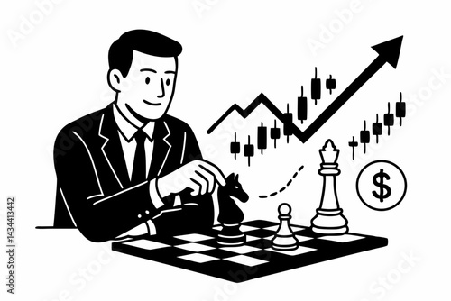 Strategic financial planning and investment tactics illustrated by a businessman playing chess, aiming for market growth and success with rising stock chart, black and white vector.