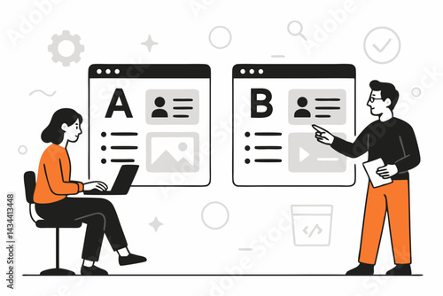 Vector illustration depicting A/B split testing comparison for website UI/UX design. Team analyzing interface versions for performance optimization, user research, and conversion analysis.
