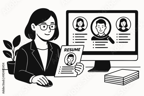 HR Manager reviewing resumes vector illustration. Businesswoman at computer desk screening job applications. Candidate selection process, recruitment concept in simple line art style.