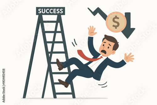 Businessman falling from success ladder vector. Financial crisis, market crash, bankruptcy risk, investment failure, business loss, career decline, economic downturn metaphor.