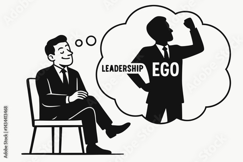 Exploring leadership ego concept: Businessman imagines powerful alter ego in thought bubble. Vector illustration on ambition, self-perception, confidence, narcissism, corporate psychology.