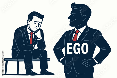 Conceptual vector illustration exploring a businessman's inner conflict between thoughtful reflection and dominant ego. Represents psychological duality, self-perception, pride versus humility.